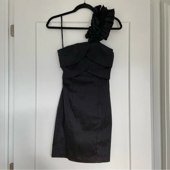 Black Mini Dress with Ruffled Shoulder - Picture 1 of 6